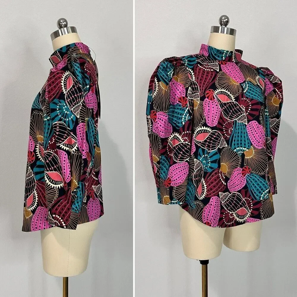 NWT Farm Rio Mock Neck Shell Print Blouse Sz M Boho Coastal Beachy Tribal Batik